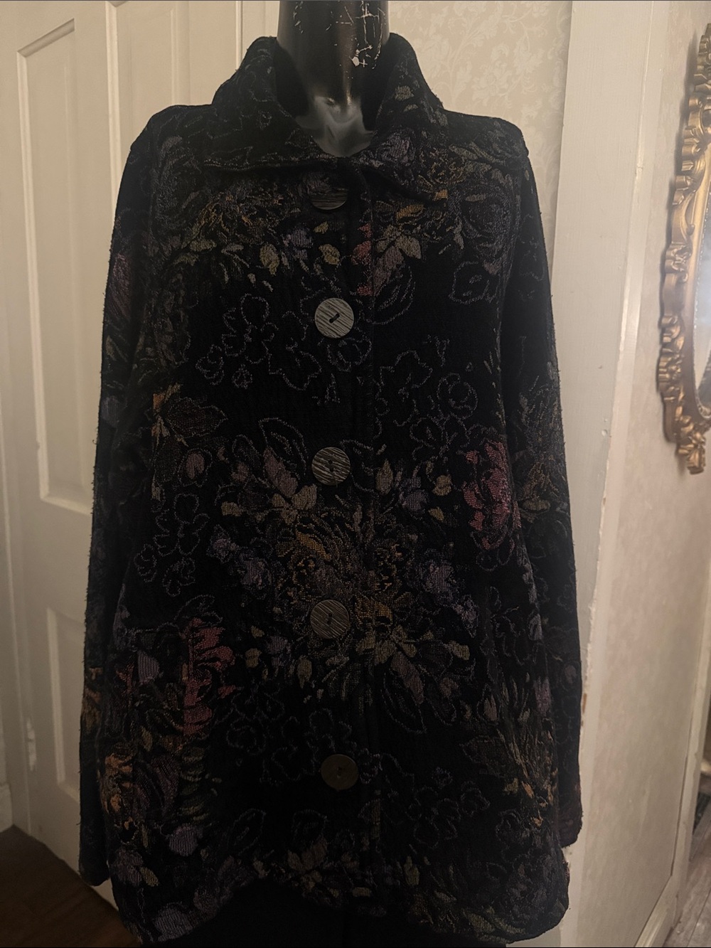 Vintage CMC Black Purple Brocade Tapestry Swing Jacket Oversized Buttons XL